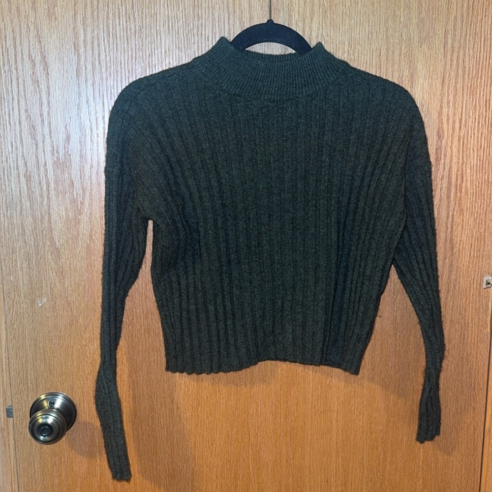 Madewell Mockneck Crop Ribbed Wool-Blend Sweater in Dark Forest